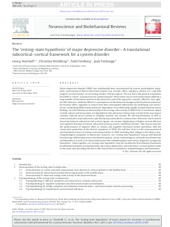  PDF The resting state Hypothesis Of Major Depressive Disorder A Translational Subcortical 