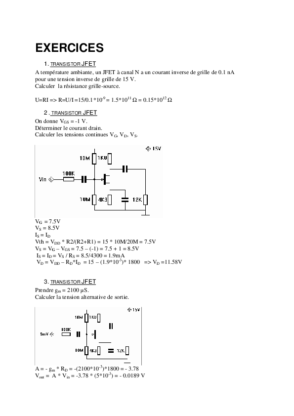 transistor a effet de champs jfet exercices corrigés