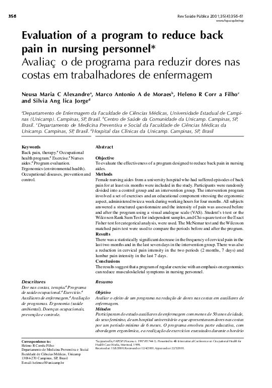 (PDF) Evaluation of a program to reduce back pain in nursing personnel