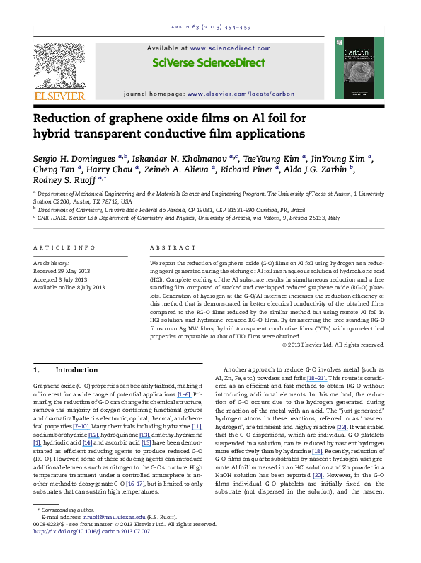 (PDF) Reduction of graphene oxide films on Al foil for hybrid