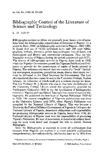 (PDF) Bibliographic control of the literature of science and technology