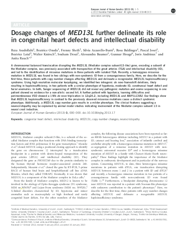 (PDF) Dosage changes of MED13L further delineate its role in congenital