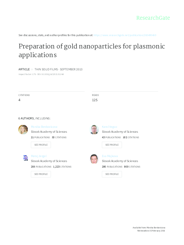 (PDF) Preparation of gold nanoparticles for plasmonic applications