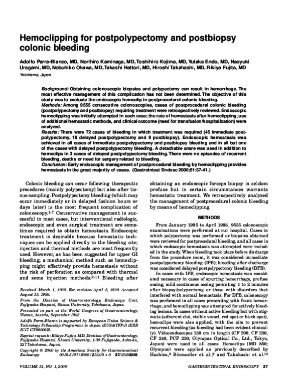 (PDF) Hemoclipping for postpolypectomy and postbiopsy colonic bleeding