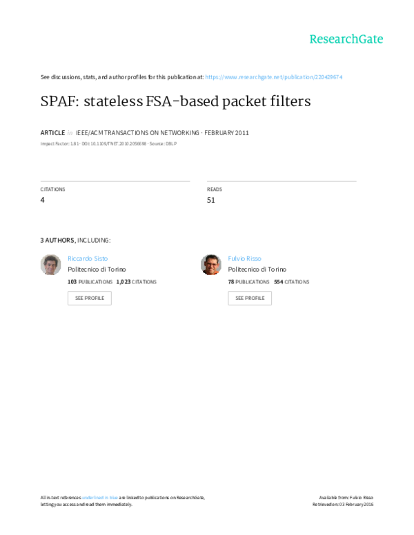 (PDF) SPAF: Stateless FSA-Based Packet Filters