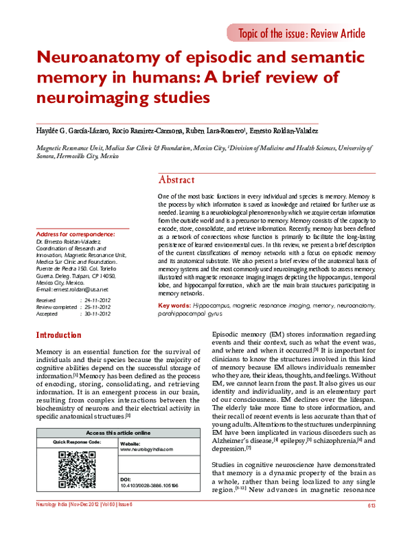 (PDF) Neuroanatomy of episodic and semantic memory in humans: A brief ...