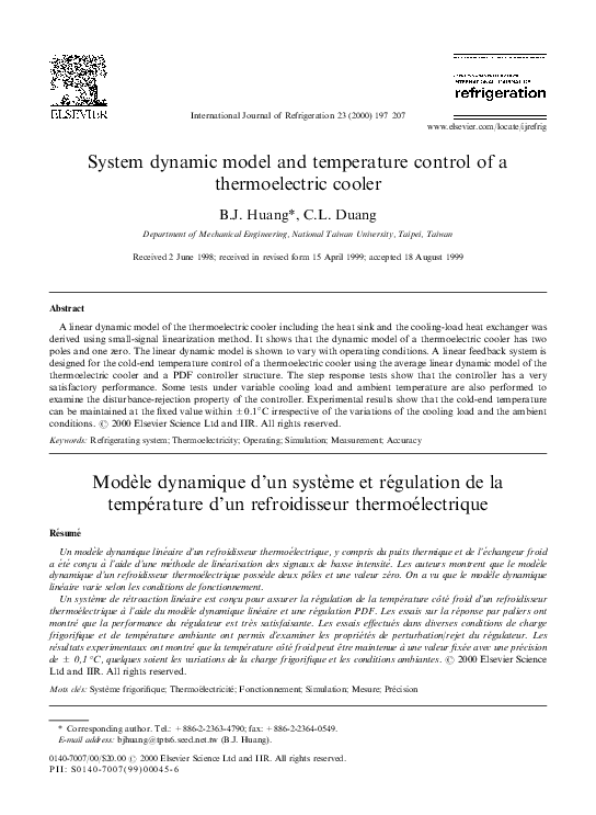 (PDF) System dynamic model and temperature control of a thermoelectric cooler BinJuine Huang