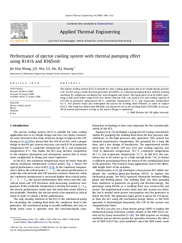 (PDF) Performance of ejector cooling system with thermal pumping effect ...
