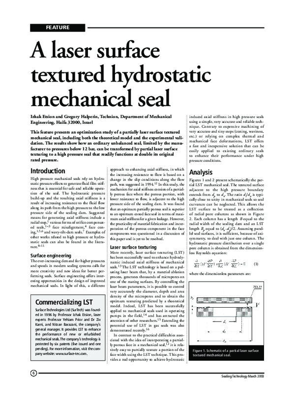 (PDF) A Laser Surface Textured Hydrostatic Mechanical Seal Izhak