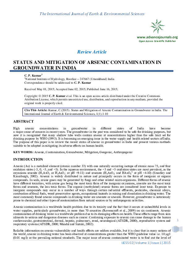 (PDF) STATUS AND MITIGATION OF ARSENIC CONTAMINATION IN GROUNDWATER IN ...