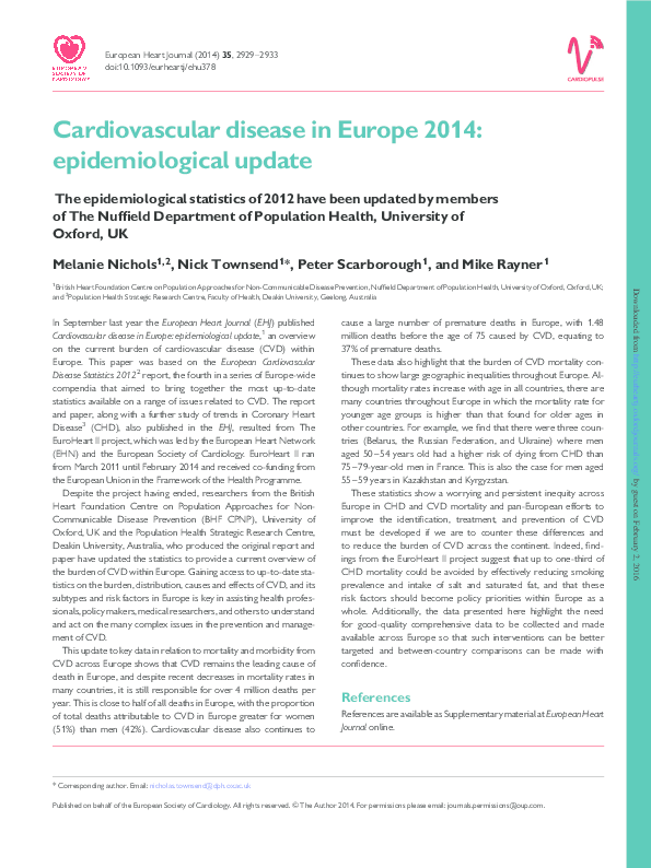 (PDF) Cardiovascular disease in Europe 2014 epidemiological update
