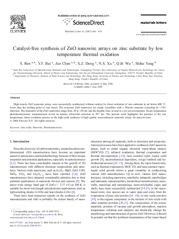 (PDF) Catalyst-free synthesis of ZnO nanowire arrays on zinc substrate ...