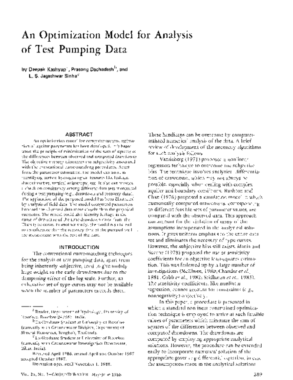 (PDF) An Optimization Model for Analysis of Test Pumping Data