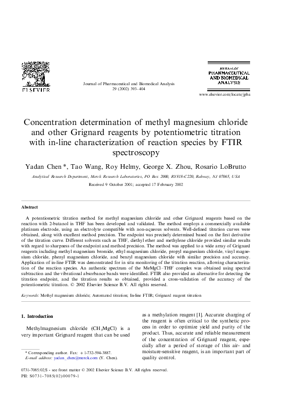(PDF) Concentration determination of methyl magnesium chloride and