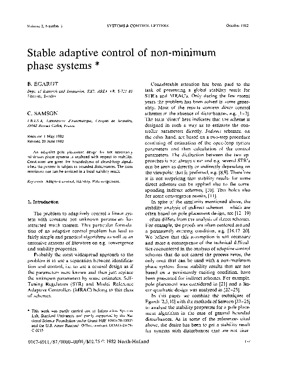(PDF) Stable adaptive control of non-minimum phase systems