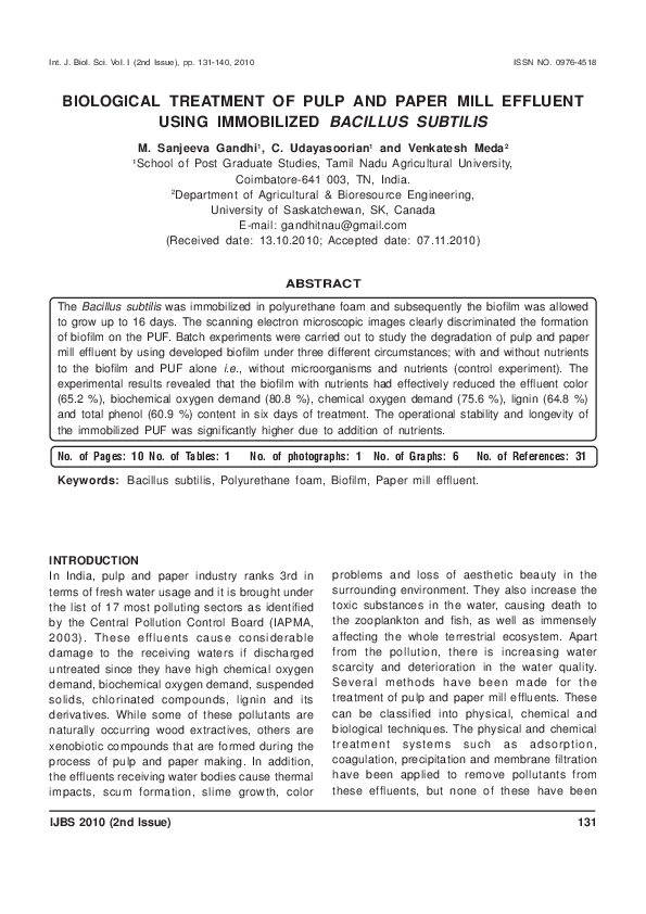 (PDF) Biological Treatment of Pulp and Paper Mill Effluents