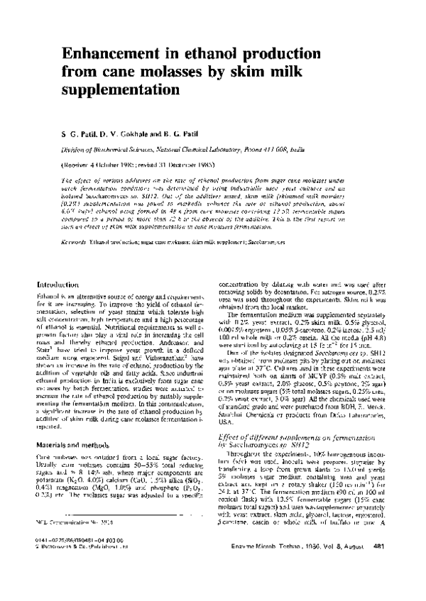 (PDF) Enhancement in ethanol production from cane molasses by skim milk