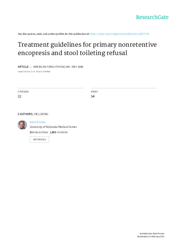 (PDF) Treatment guidelines for primary nonretentive encopresis and stool toileting refusal