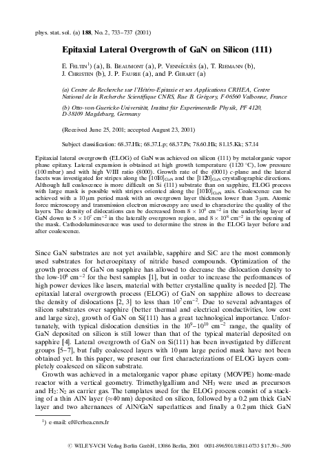 Pdf Epitaxial Lateral Overgrowth Of Gan On Silicon 111 J Faurie Academia Edu