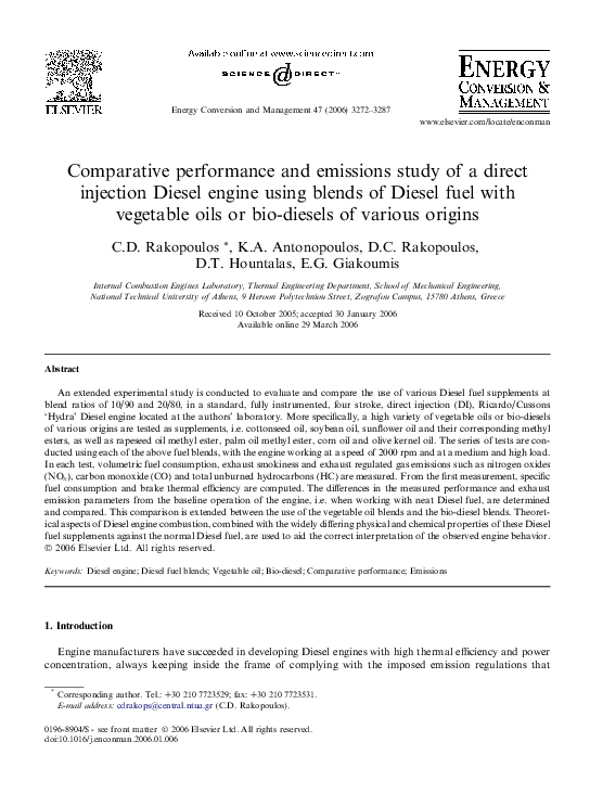 (PDF) Comparative performance and emissions study of a direct injection
