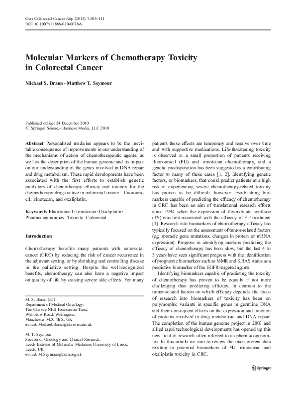 (PDF) Molecular Markers of Chemotherapy Toxicity in Colorectal Cancer