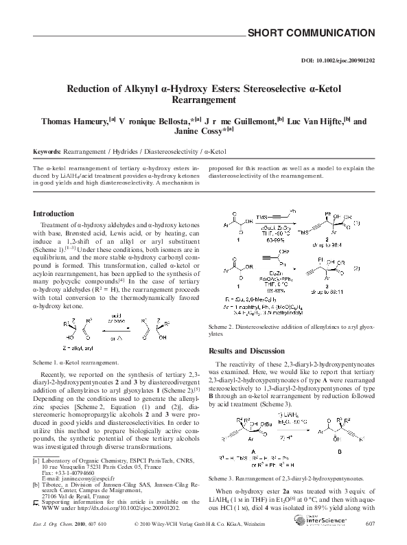 (PDF) Reduction of Alkynyl α-Hydroxy Esters: Stereoselective α-Ketol ...