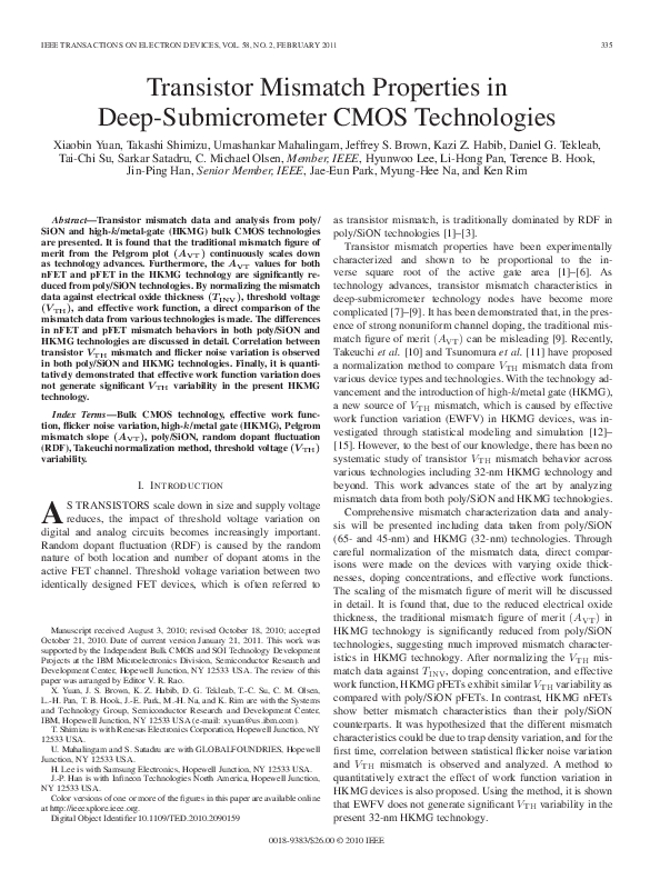 (PDF) Transistor Mismatch Properties in DeepSubmicrometer CMOS