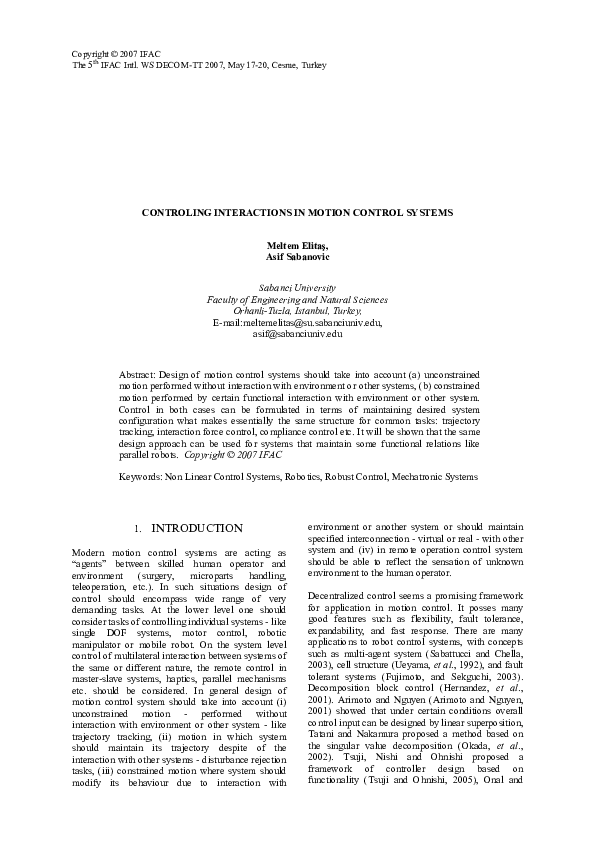 (PDF) Controling Interactions in Motion Control Systems Meltem Elitas