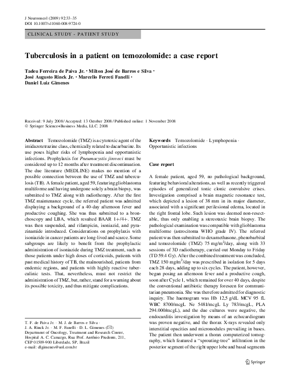 (PDF) Tuberculosis in a patient on temozolomide a case report