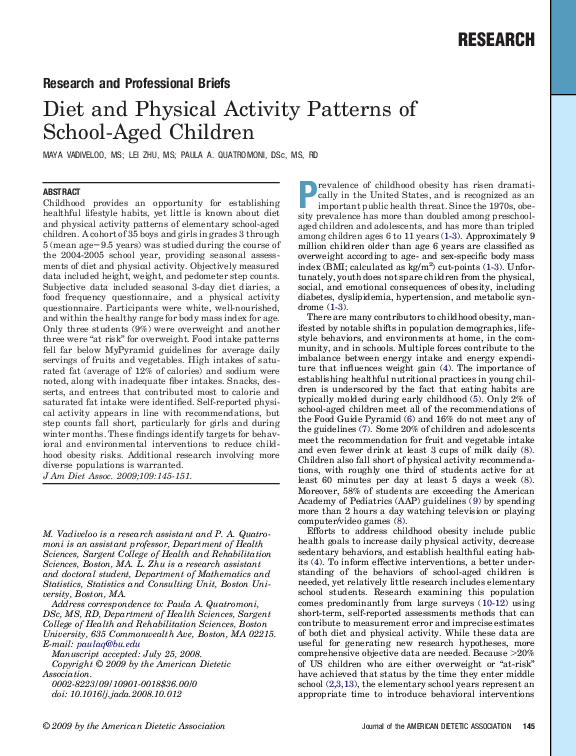 (PDF) Diet and Physical Activity Patterns of School-Aged Children