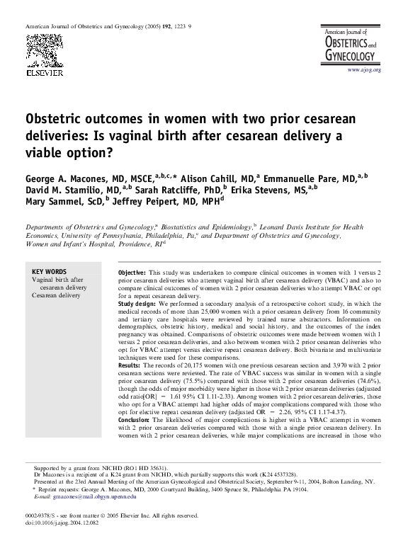 (PDF) Obstetric outcomes in women with two prior cesarean deliveries ...