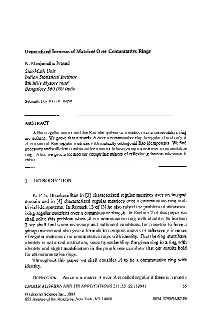 (PDF) Generalized inverses of matrices over commutative rings