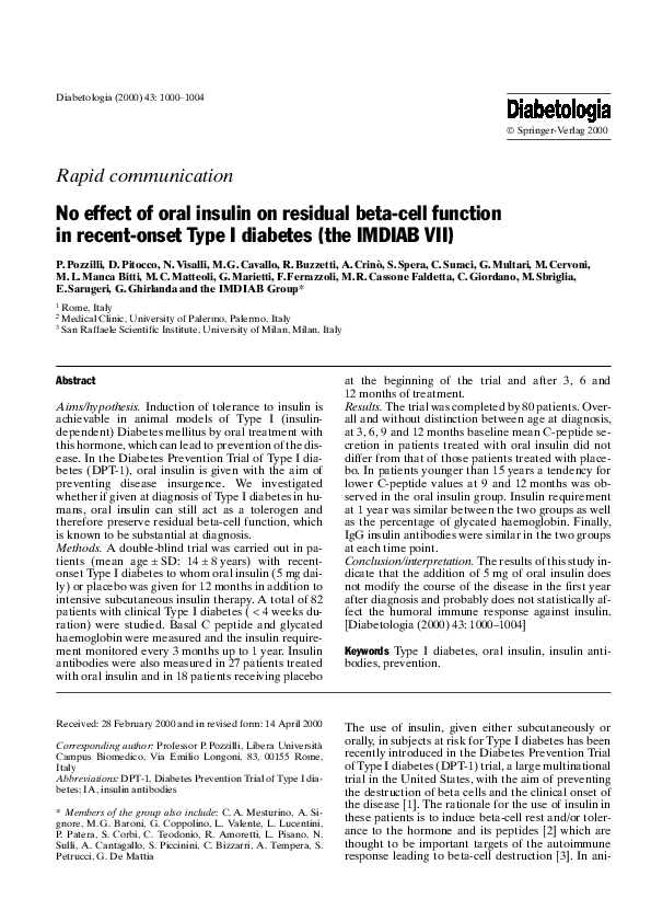 (PDF) No effect of oral insulin on residual beta-cell function in ...