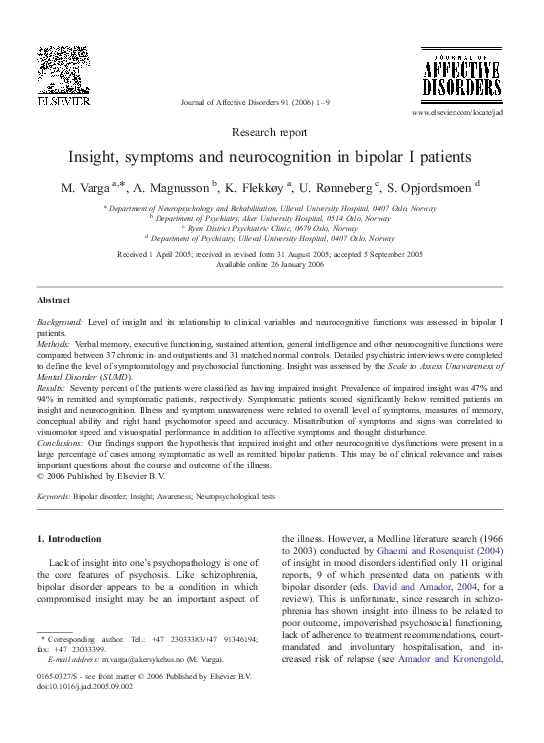 (PDF) Insight, symptoms and neurocognition in bipolar I patients