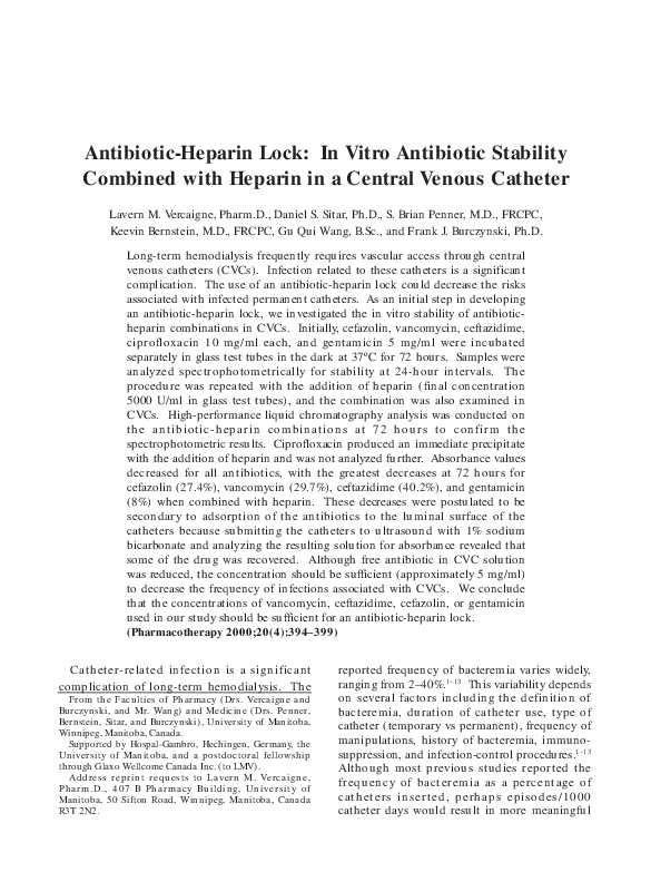 (PDF) AntibioticHeparin Lock In Vitro Antibiotic Stability Combined with Heparin in a Central