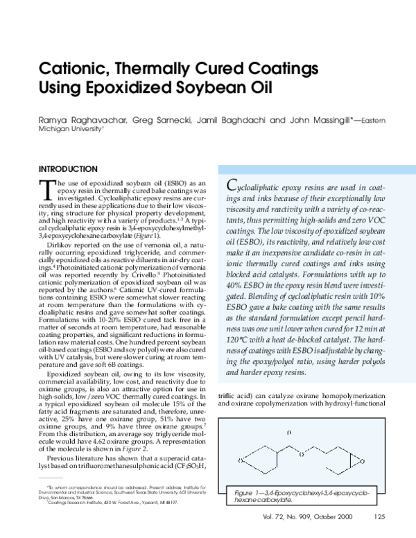 (PDF) Cationic, thermally cured coatings using epoxidized soybean oil John Massingill and Greg