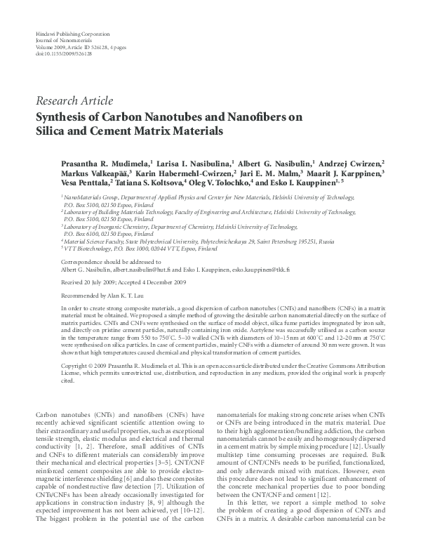 (PDF) Synthesis of carbon nanotubes and nanofibers on silica and cement ...