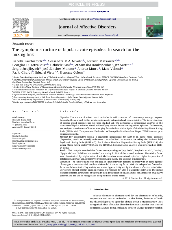 (PDF) The symptom structure of bipolar acute episodes: In search for ...