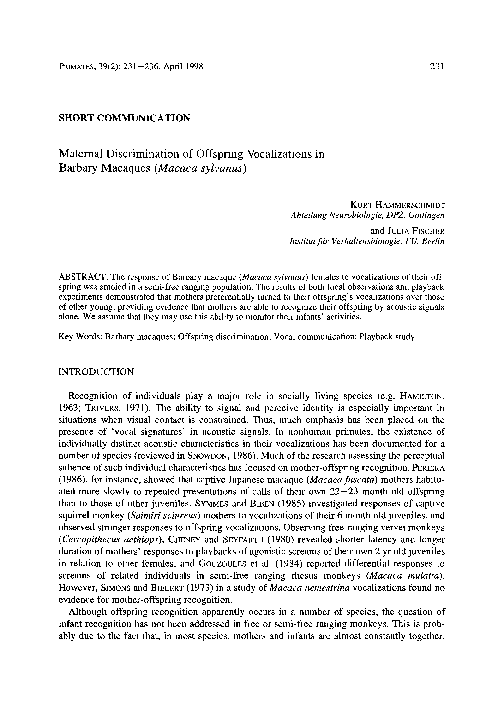 (PDF) Maternal discrimination of offspring vocalizations in Barbary ...