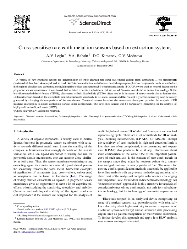 (PDF) Cross-sensitive rare earth metal ion sensors based on extraction ...