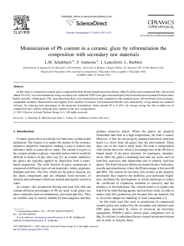 (PDF) Minimization of Pb content in a ceramic glaze by reformulation