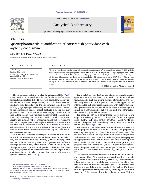(PDF) Spectrophotometric quantification of horseradish peroxidase with ophenylenediamine