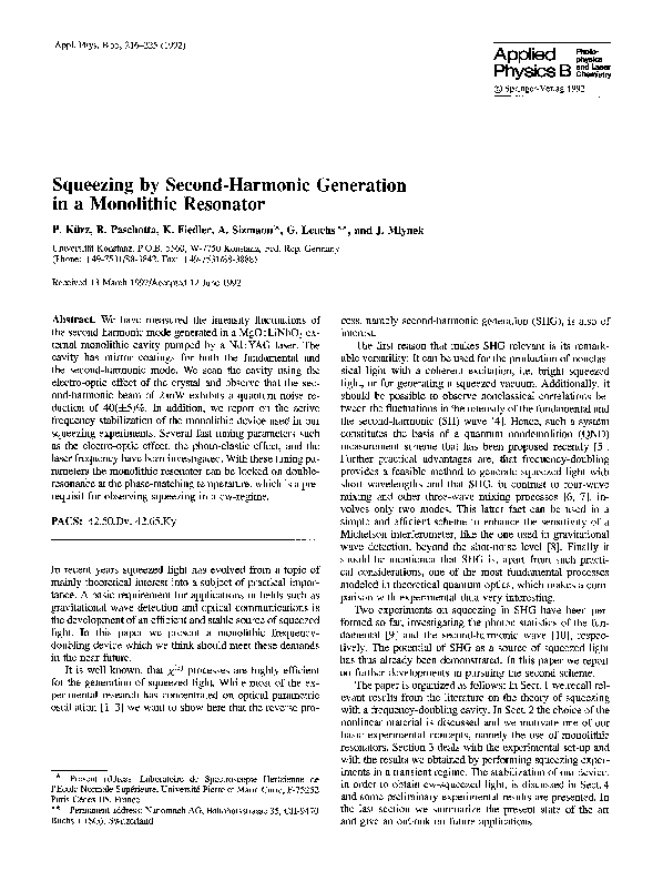 (PDF) Squeezing by secondharmonic generation in a monolithic resonator Gerd Leuchs Academia.edu