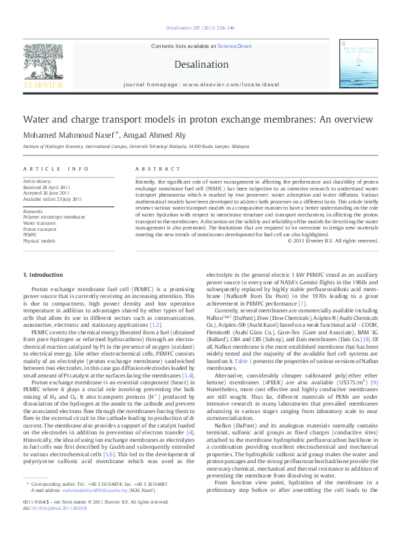 (PDF) Water and charge transport models in proton exchange membranes ...