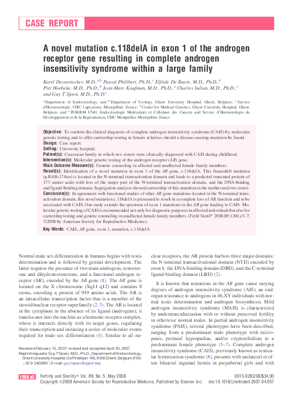 (PDF) A novel mutation c.118delA in exon 1 of the androgen receptor ...