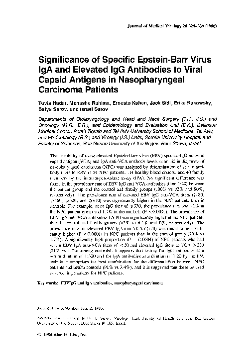 (PDF) Significance of Specific EpsteinBarr Virus IgA and Elevated IgG