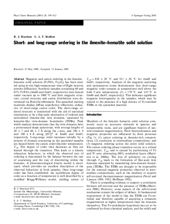 (PDF) Short- and long-range ordering in the ilmenite-hematite solid ...