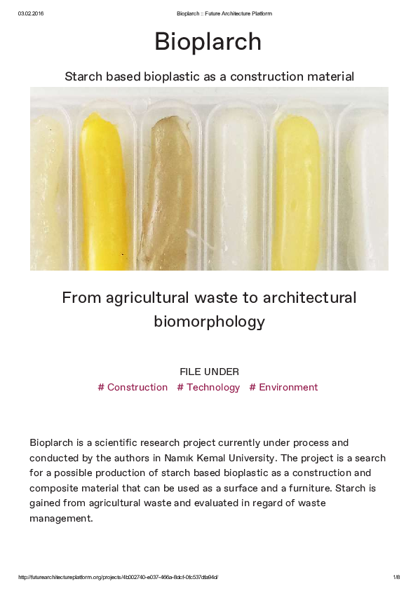 (PDF) Bioplarch: Starch based bioplastic as a construction material