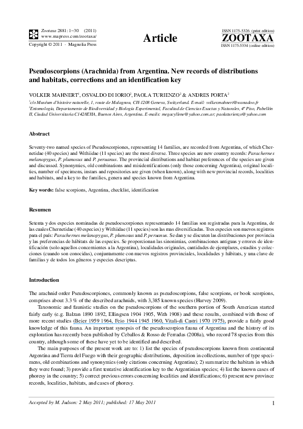 (PDF) Pseudoscorpions (Arachnida) from Argentina. New records of ...