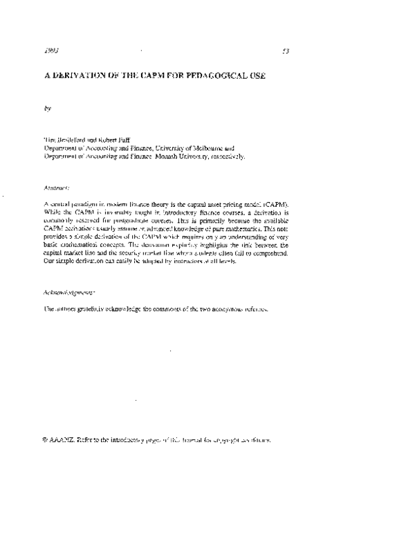 Pdf A Derivation Of The Capm For Pedagogical Use Robert Faff Academia Edu